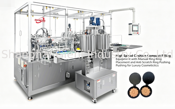 High Speed Cushion Compact Filling Equipment mit manueller Ring Platzierung und Anti-Scratch Ring Drücken für Luxus Kosmetik